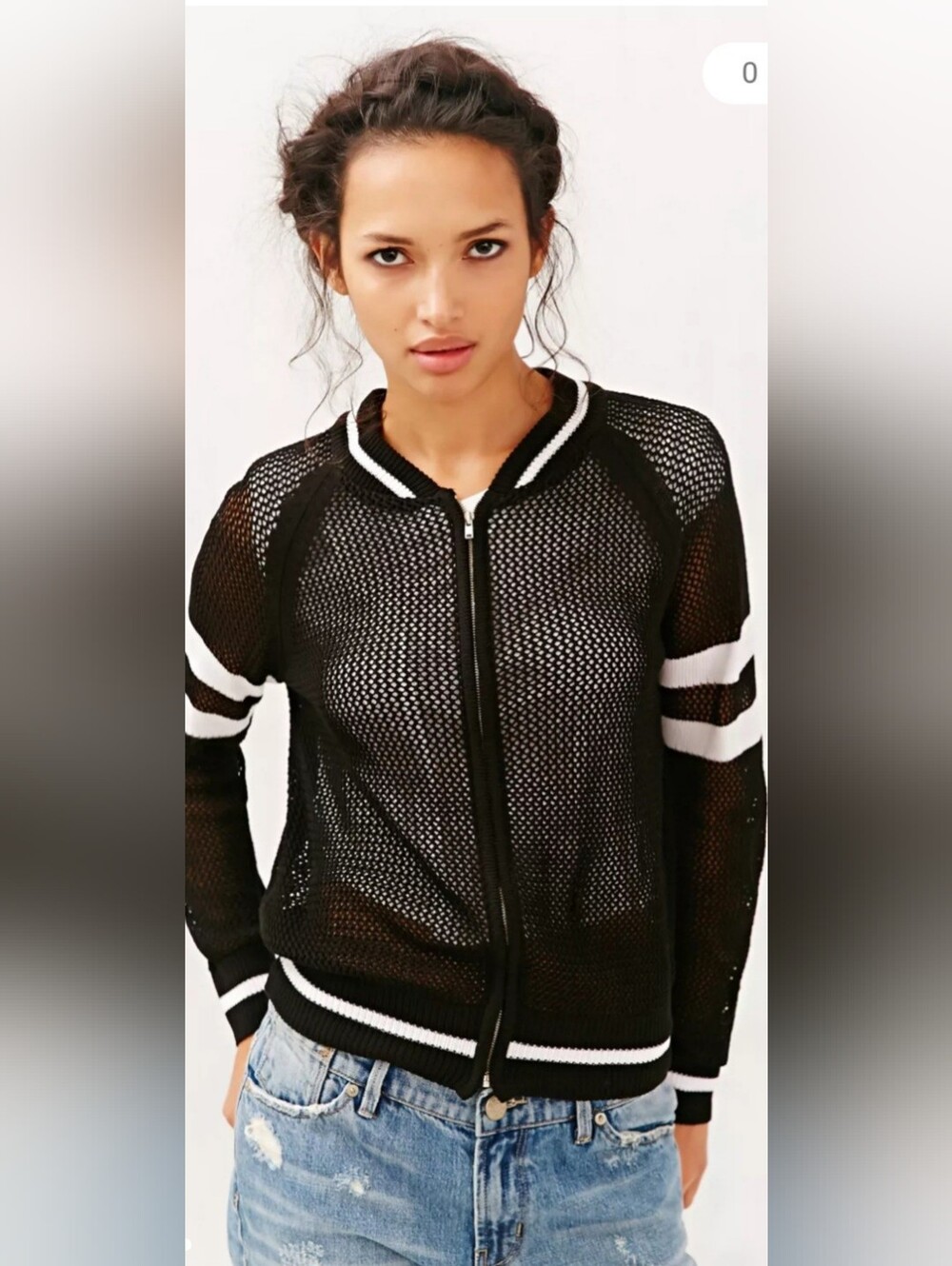 Black Mesh Bomber Jacket with White Stripes - Picture 1 of 7